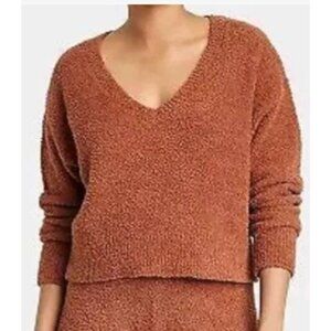 Stars Above Womens Orange/Gold Metallic Cozy Yarn V-Neck Sweater Size Small